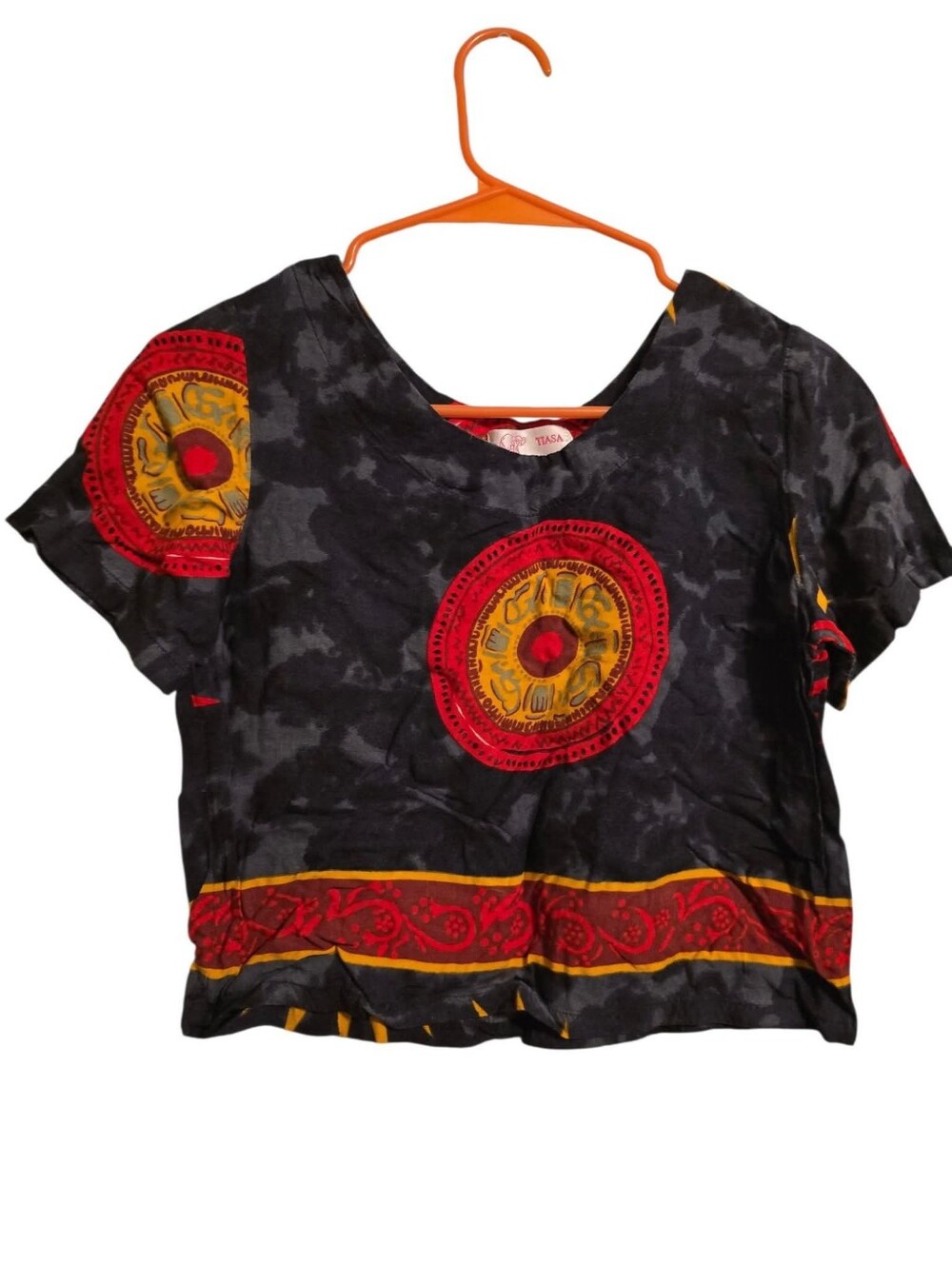 Vintage | Y2K Black Crop Top with Red & Yellow Medallion Print